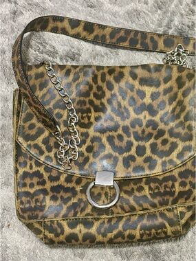 Leopard Print Crossbody Shoulder Bag with Chain Detail - Brown